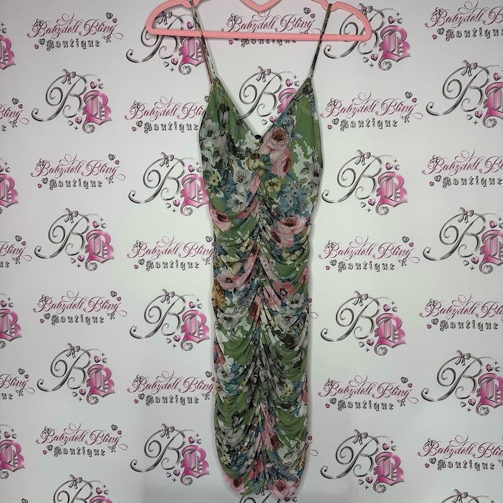 Mind code dress cinched stretchy mesh sexy flowers 💐 Floral Green Dress